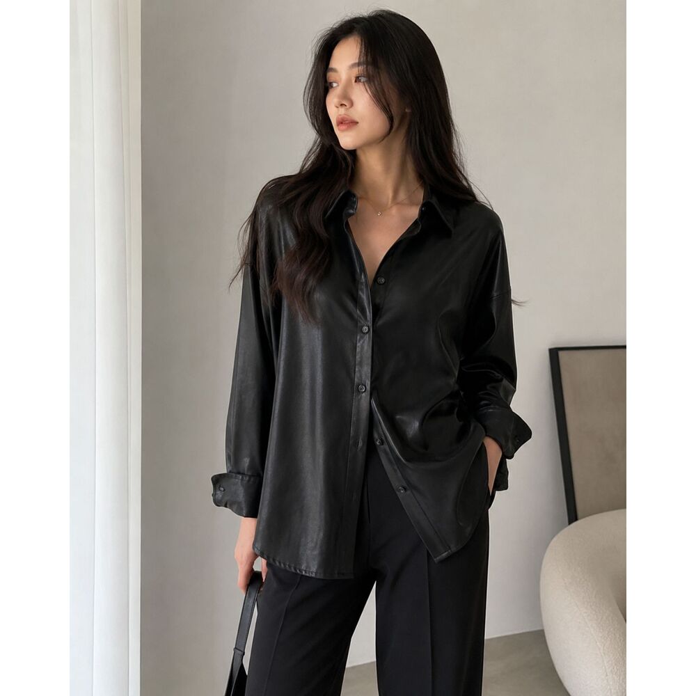 Zara Black Faux Leather Button Up Shirt Oversized Shacket Vegan Leather Women M